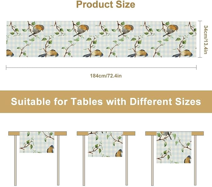 Bird Table Runner,Spring Birds Tree Blue Plaid Print Table Runner for Kitchen Dining Table Decoration Home Party Decor 13x90 Inch