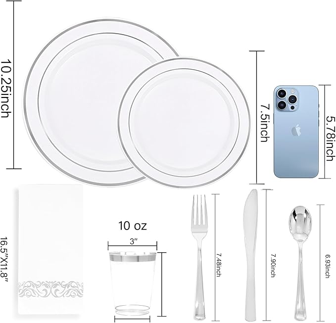 350 Pcs Silver Plastic Plates - Silver Dinnerware Set of 50 Dinner Plates 50 Dessert Plate 50 Silverware 50 Napkins 50 Cups for Christmas Party&Wedding
