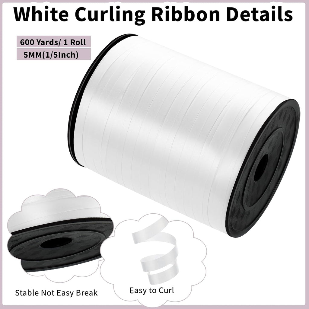 woric 600 Yards White Curling Ribbon 1/5 Inch Balloon String Ribbon Thin Ribbons for Birthday Party Baby Shower Graduation Art Crafts Gift Wrapping Wedding DIY Decor