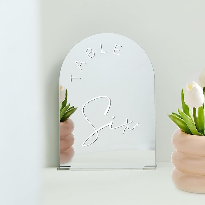 JINMURY Sliver Arch Wedding Table Numbers 1-15 with Stands, 5x7 Inch Acrylic Arch Sign with White Lettering, Sliver Mirror Acrylic Table Numbers for Wedding Reception