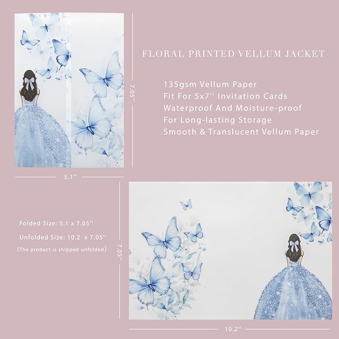 PONATIA 50 PCS Vellum Jackets for 5x7 Invitations - Vellum Paper 5x7 Jackets - 135GSM Blue Girl Butterfly Quinceanera Invitations Wraps - Transparent Cards