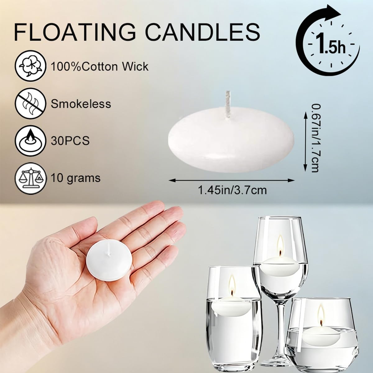 White Floating Candles 30Pcs, 1.45 Inch Diameter, 1.5 Hours Burn Time, Unscented Small Floating Candles for Wedding Party Bath Spa Valentine Christmas Home Romantic Decor