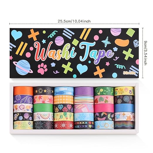 30 Rolls Colorful Theme Washi Tape Set with Different Colorful Patterns, Writable Decorative Tapes for Scrapbooking, Bible Journaling, Bullet Journaling, 0.6'' x 79'' per Roll
