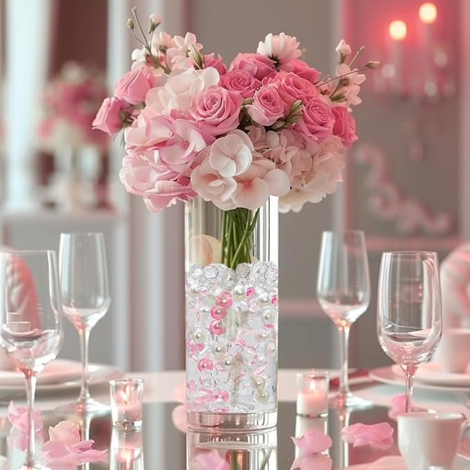 HappyFiller 1075 PCS Floating Pearl Beads,Gems for Centerpiece,Vase Filler Fink Faux Pearls Fake Crystal Diamonds,Table Candles Party Wedding Decoration 14 OZ