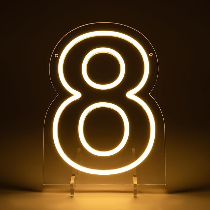 Number 8 LED Neon Sign Backdrop Birthday Party Decoration, 11.3" Height Warm White Marquee Number Eight Light Up Sign for Wedding Anniversary Window Wall Table, Indoor Battery Operated or USB