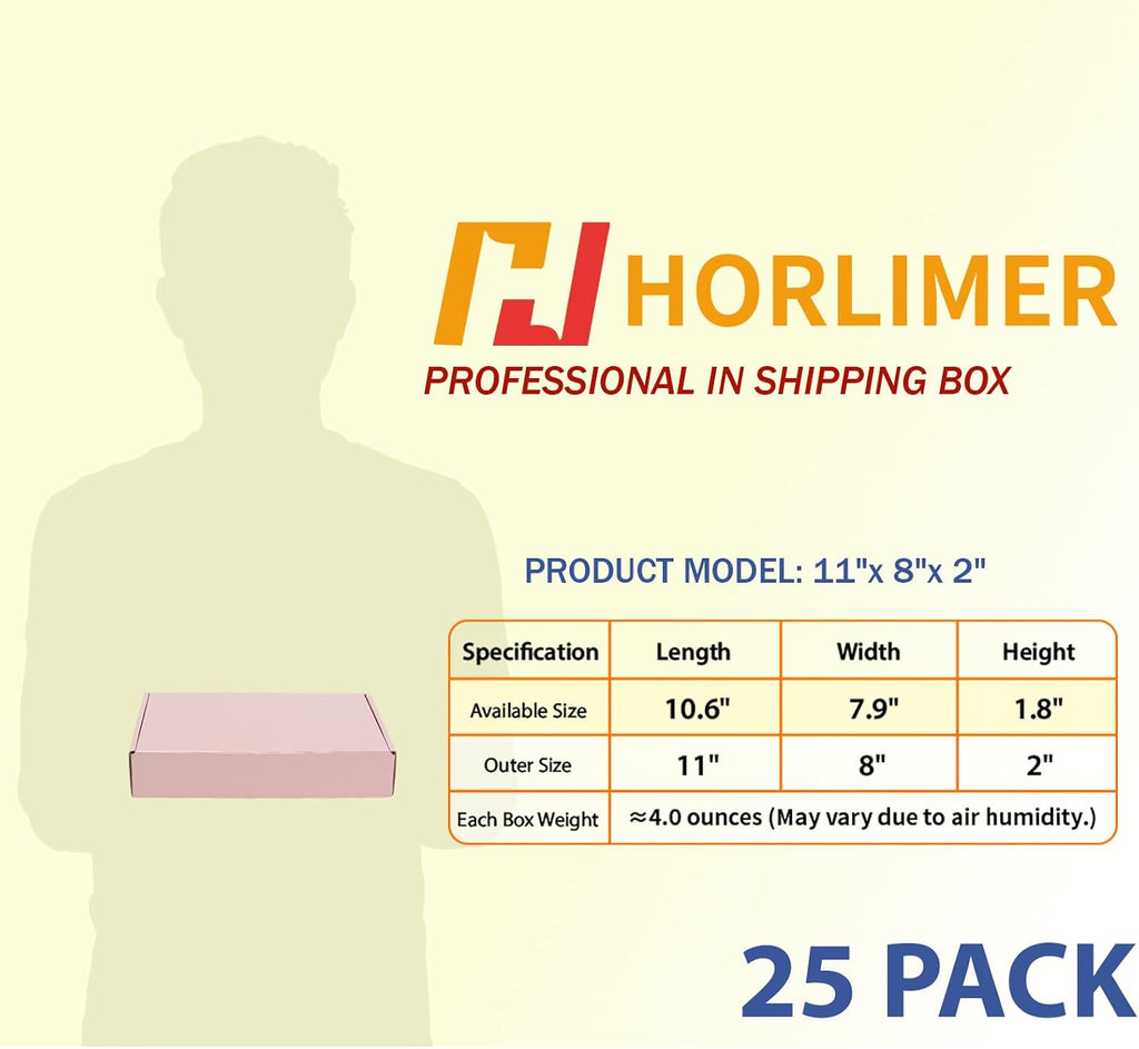 HORLIMER 11x8x2 inches Shipping Boxes Set of 25, Pink Corrugated Cardboard Gift Box for Packing, Mailing, Small Business