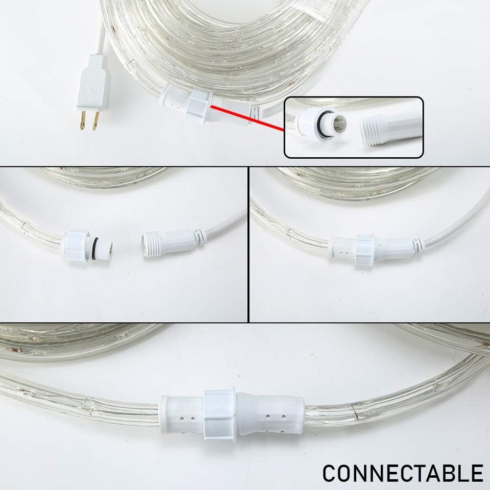 33ft LED Rope Lights, 110V 2 Wire Connectable Christmas Rope Lights Outdoor,240 LED Waterproof Indoor Outdoor White Rope Lights for Outside, Deck, Patio, Pool, Landscape Lighting (Daylight White)
