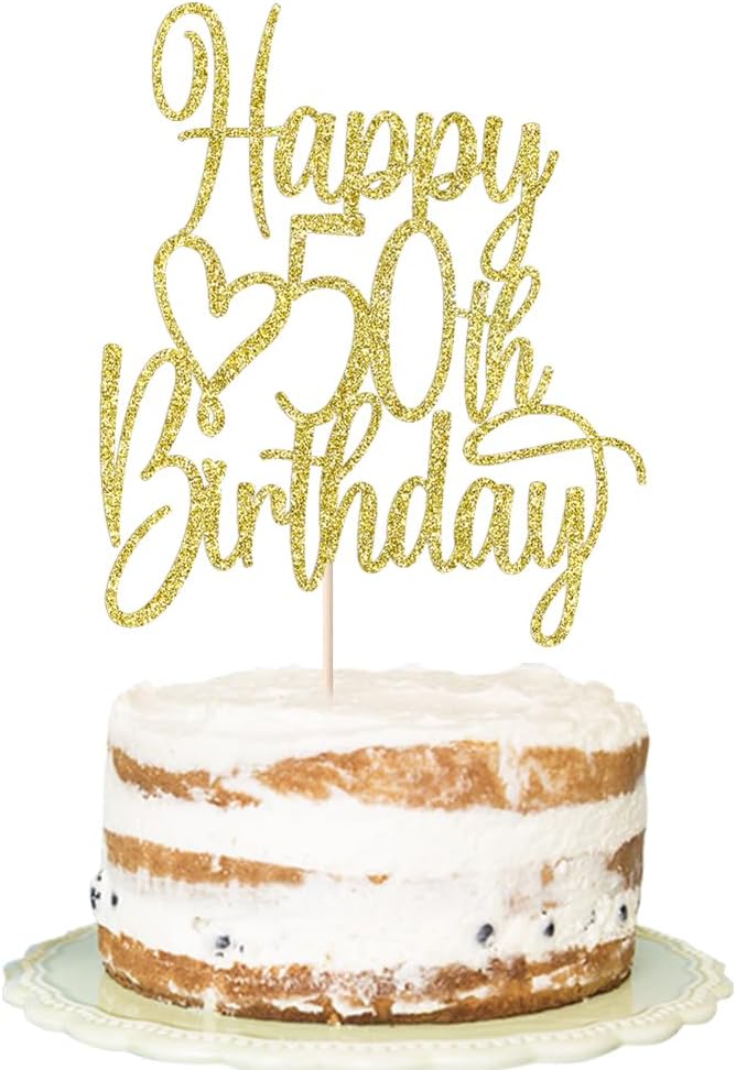 Gold Glitter Happy 50th Birthday Cake Topper - Cheers to 50 Years Cake Topper, 50 & Fabulous Cake Decoration for Hello 50th Birthday Anniversary Party Cake Decorations Supplies