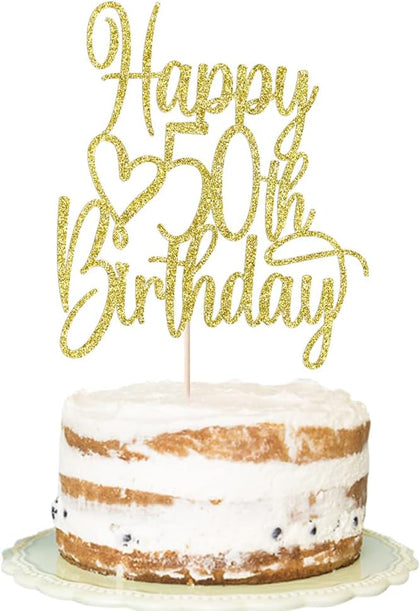 Gold Glitter Happy 50th Birthday Cake Topper - Cheers to 50 Years Cake Topper, 50 & Fabulous Cake Decoration for Hello 50th Birthday Anniversary Party Cake Decorations Supplies