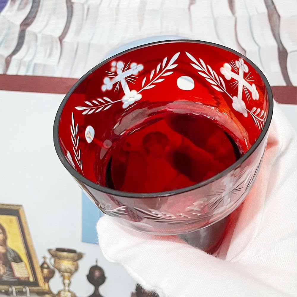 Orthodox Oil Lamp Glass Cup 10.49 cm | Engraved Cross Red Prayer Votive Holder, Orthodox Cross Laser Engraving, Church and Home Altar Devotion