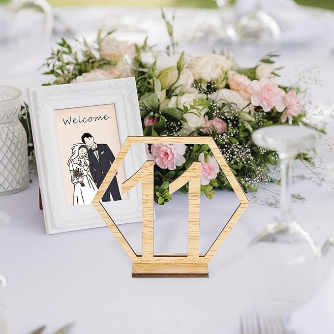 Wooden Table Numbers, Hexagon Shape 1-20 Wedding Table Numbers with Holder Base Rustic Hollow Out Wood Table Numbers Card for Wedding Party Event Catering Decoration (Hexagon)