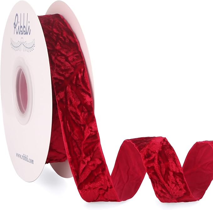 Ribbli Dark Red Velvet Ribbon 1 Inches Luxury Crinkled Red Christmas Ribbon for Gift Wrapping Crafts Home Decor-Continuous 10 Yard