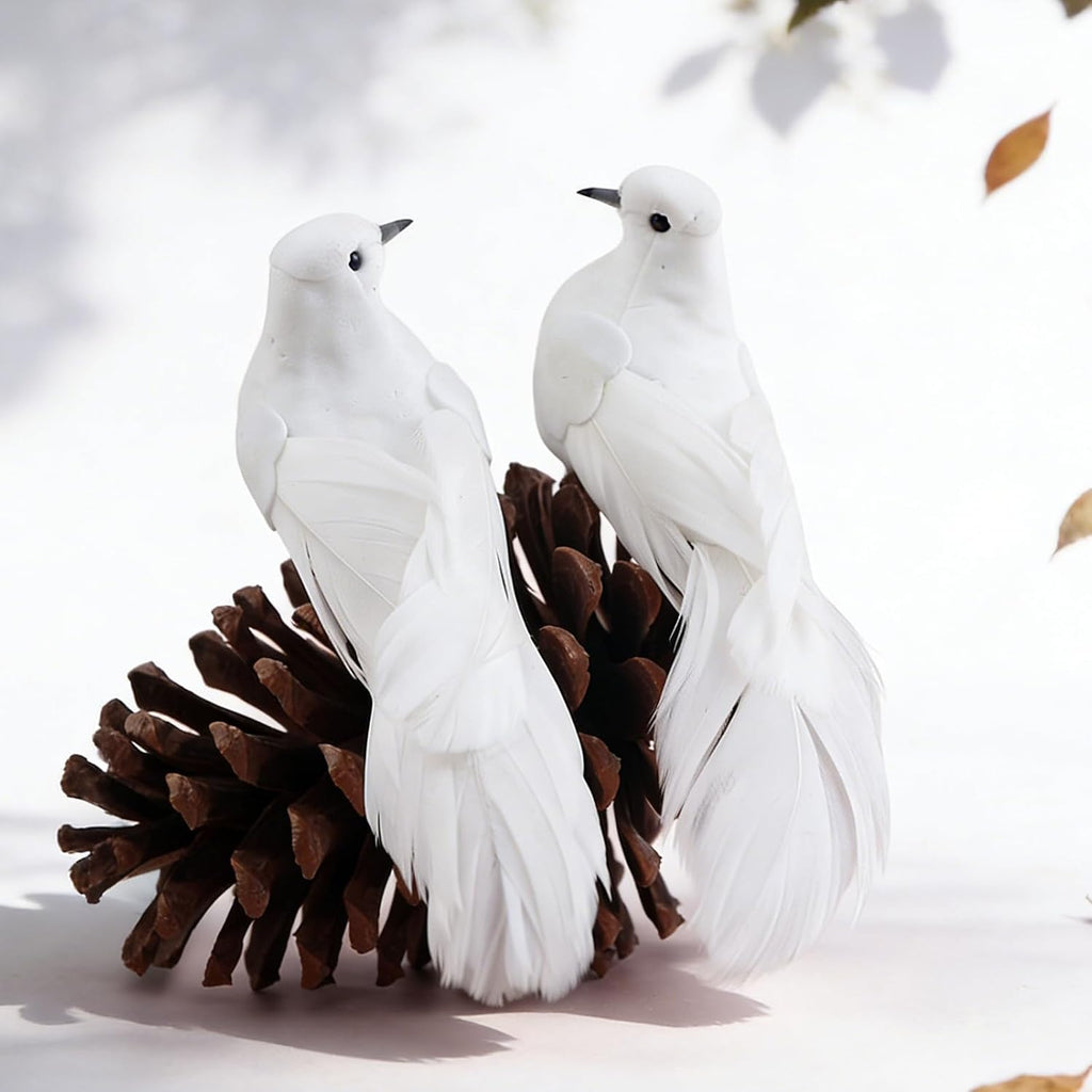 2PCS Artificial White Doves Bird Ornaments 5.5inch Foam Feathered Birds for Christmas Decoration Weding Party Home Garden Decor
