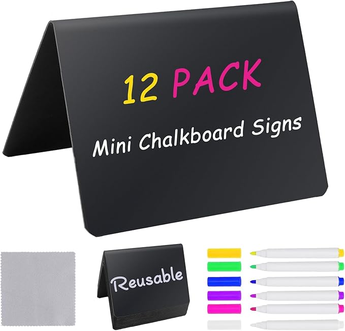 12PCS Mini Chalkboard Signs, 4"x3" Food Labels for Party Buffet, Reusable Table Sign Chalk Board for Weddings, Birthday Parties, Message Board Signs and Event Decoration
