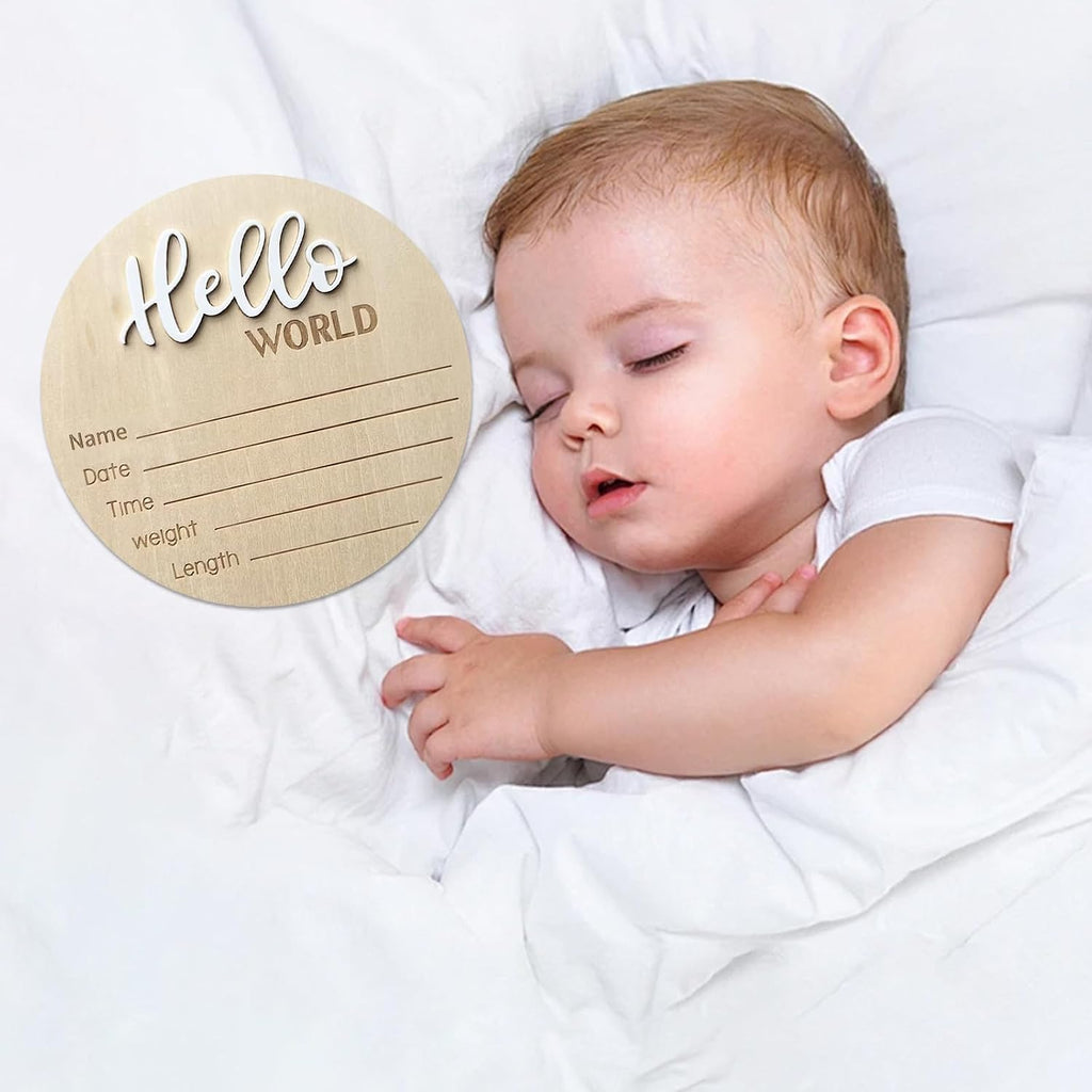 Baby Announcement Sign, 5.9 Inch Wooden Hello World Newborn Signs, Birth Announcement Sign, Baby Shower Hospital Nursery for Newborn Boys and Girls (White)