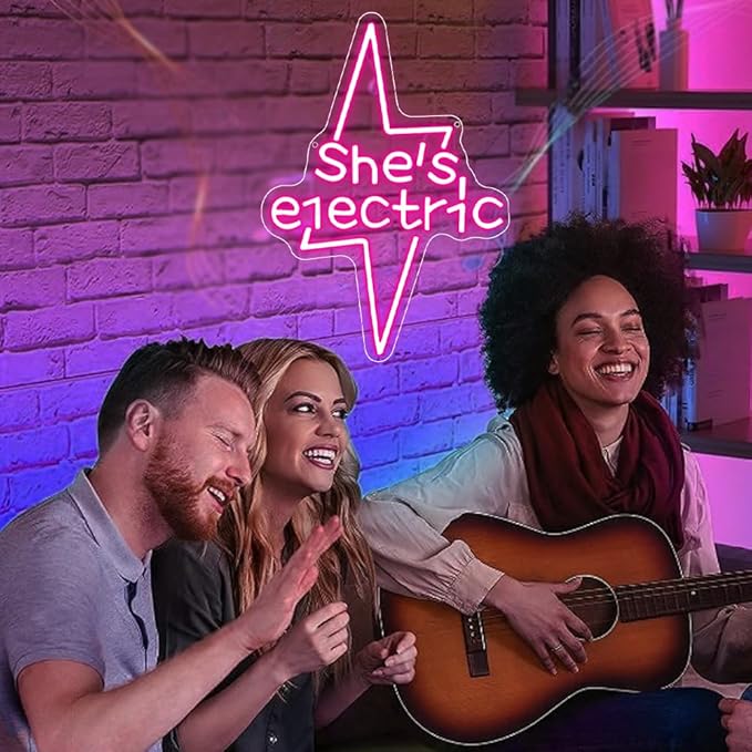 Lightning Bolt Light Up Signs for Wall Decor,Pink She's Electric Neon Sign for Birthday Live Music Concert Bedroom Club Party,Music LED Gift for Girls Teens Men Women USB Powered（15"*10.8"）
