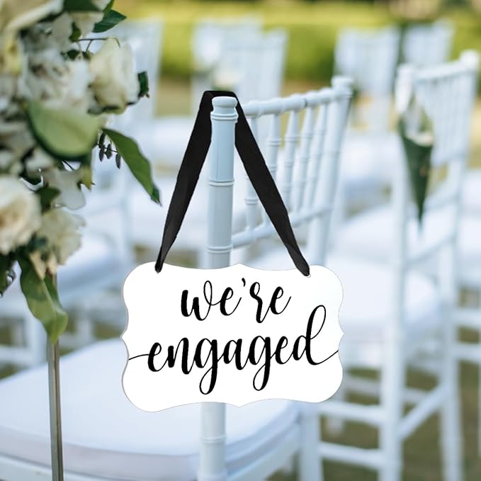 Acrylic Wedding Sign, Ring Bearer Sign, We're Engaged Decorations, for Rustic Wedding Decor Signs, Acrylic Hanging Signs With Ribbon for Chairs Weddings Reception Decorations and Event Party (White)