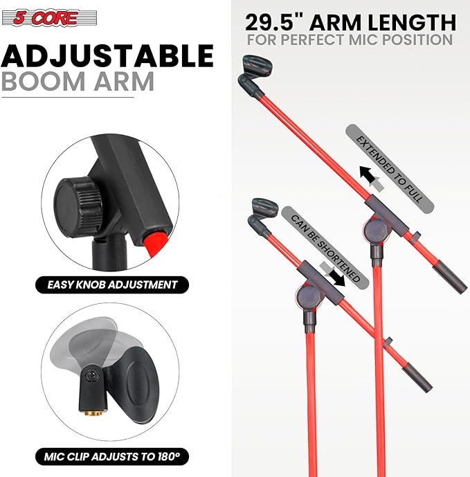 5 Core Tripod Mic Stand Floor Adjustable 18 to 72 Inches Sturdy Boom Arm Holder Microphone Stands Pedestal Para Microfono for Singing - MS 080 RED