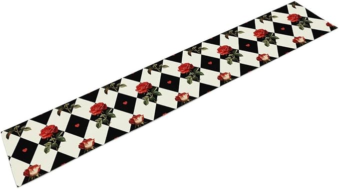 Vintage Rose Table Runner, Red Rose Hearts Black White Checkered Background Table Runner for Kitchen Dinning Table Runner Decor Home Wedding Party Holiday, 13x120 Inch