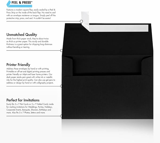 LUXPaper A7 Invitation Envelopes | Peel & Press | 5 1/4" x 7 1/4" | Black Linen | 80lb. Text | 1,000 Qty