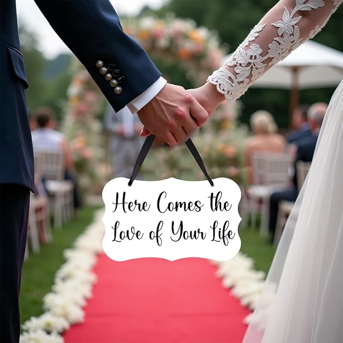 Acrylic Wedding Sign, Ring Bearer Sign, for Rustic Wedding Decor Signs, Acrylic Wall Art With Ribbon for Chairs Weddings Reception Decor and Event Party - Here Comes The Love of Your Life (White)