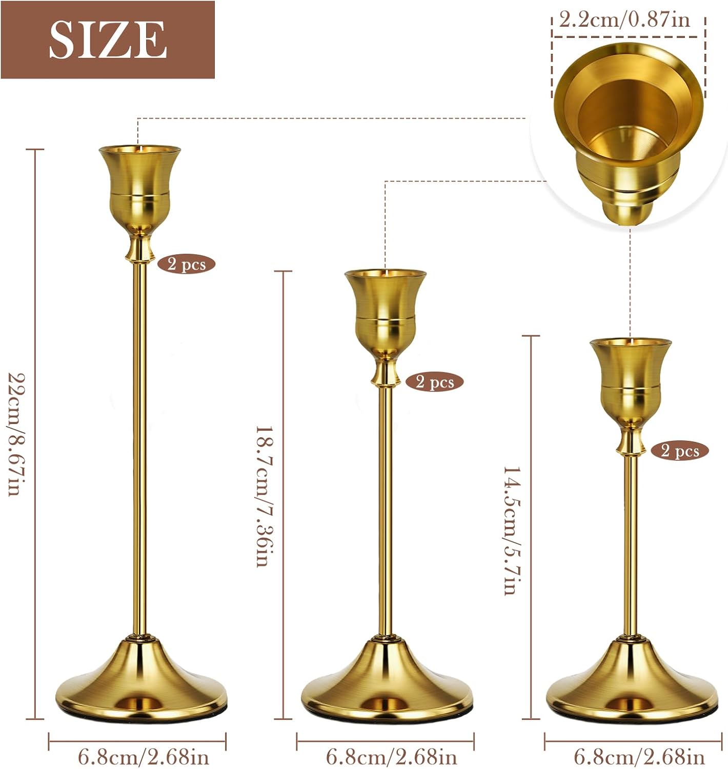 Gold Candlestick Holders Set of 6, Weighted, Metal Taper Candle Stick Holders, Vintage Christmas Brass Home Decor for Table, Mantel, Room Decorations Housewarming Gift Gold-6