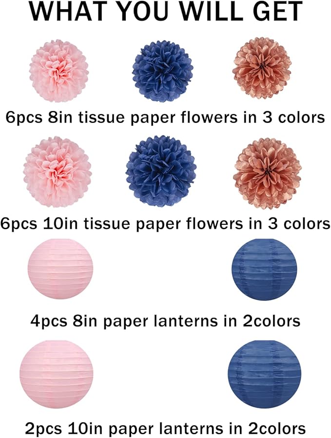 Rose-Gold Navy-Blue Pink Party Decorations - 18pcs Gender Reveal Decor,Tissue Pom Poms Event Supplies,Paper Flowers,Paper Lanterns,Baby Shower decoration,Birthday,Engagement,Bachelorette,Wedding