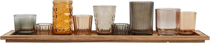 Wood Tray with 9 Brown Glass Votive Holders (Set of 10 Pieces)