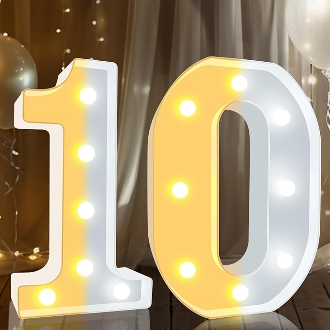 Pooqla 10th Birthday Decoration for Girls Boys, Decorative LED Light Up Numbers, Marquee Numbers 10 Sign for Party Backdrop 10th Wedding Anniversary Decor, Warm White and Cool White Number 10