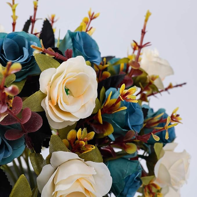 LESING Artificial Fake Flowers with Vase Silk Artificial Roses Wedding Flowers Bouquets Home Office Party Meeting Room Decoration (Blue-1)