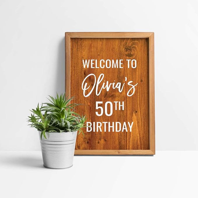 Andaz Press Personalized Extra Large Birthday Easel Board Party Sign, 12x18-inch, Rustic Barn Wood, Welcome to Olivia's 50th Birthday, 1-Pack, Custom Name Age
