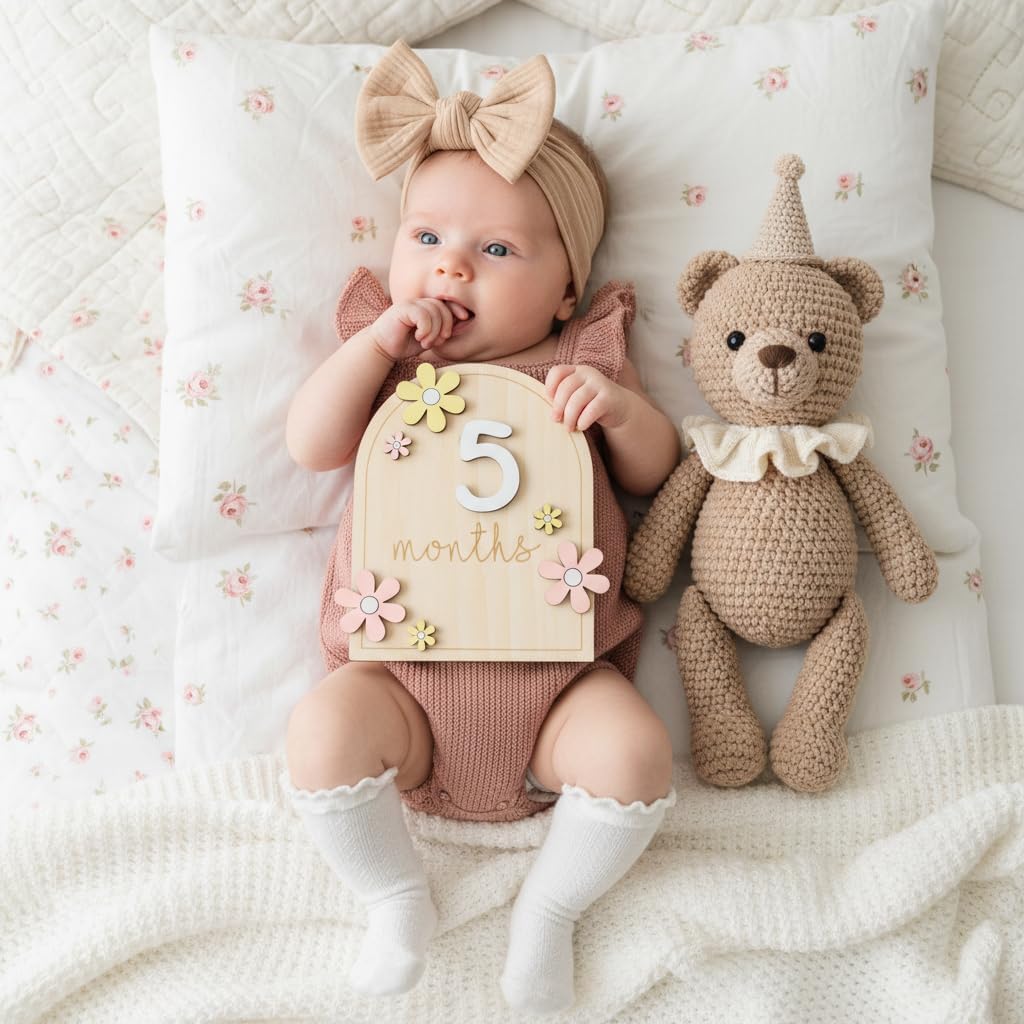 Baby Monthly Milestone Sign,1-12 Monthly Milestone Signs, Baby Girl Nursery Decoration, Newborn Photography Props Double-Sided (M01)