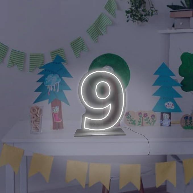 Number 9 Neon Sign for First Birthday, 16.54" Cool White USB Battery Powered Led Neon Sign for Party Wedding Anniversary Decor Light Sign (Number 9)
