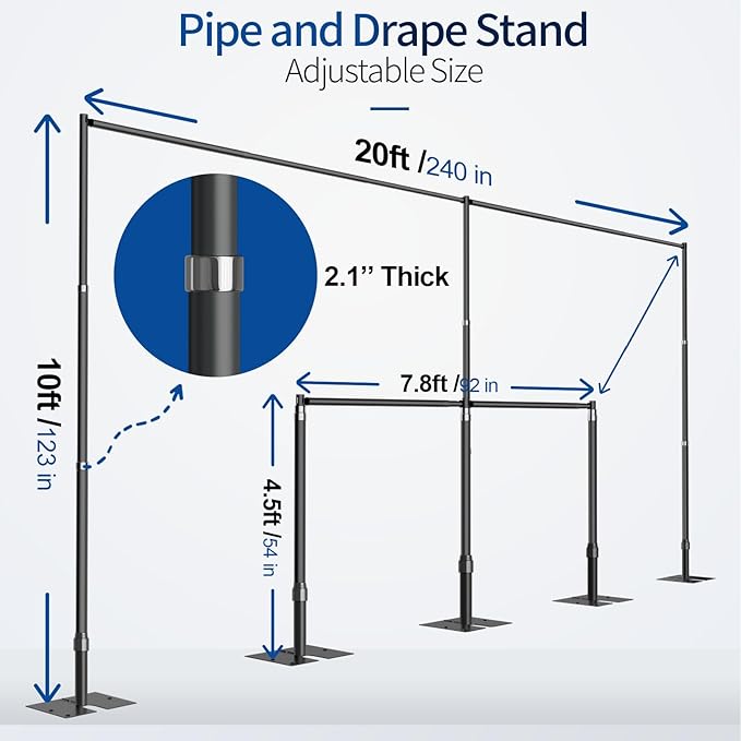 Pipe and Drape Backdrop Stand, 20x10ft Heavy Duty Adjustable Background Frame with Metal Base, Back Drop Holder for Parties Photography Wedding Photoshoot Decoration - Black