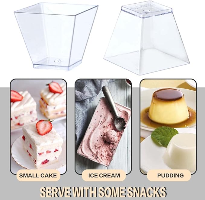 Oomcu 100 Pack 2oz Small Square Clear Plastic Dessert Cups – Mini Disposable Tumbler Cups for Ice Cream,Yogurt, Pudding, Chocolate, Mousse, Candies, Appetizers,Snack, Parfait, Charcuterie, Party