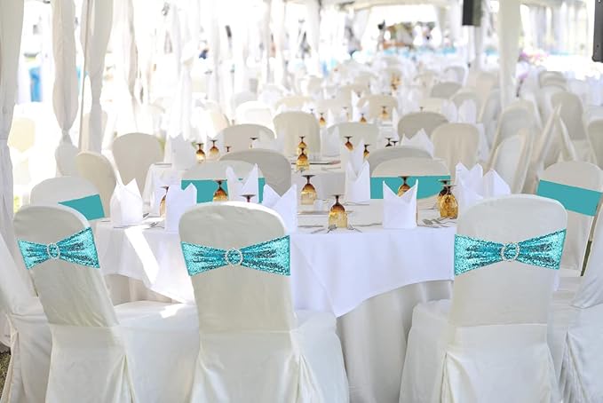 Chair Sashes Sequin Stretch Chair Bands Spandex Polyester Bows for Party Hotel Wedding Banquets Decoration - 6 Pcs Aqua