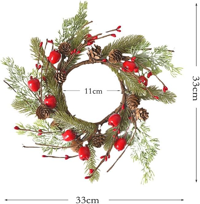 2 Pcs Christmas Candle Rings Wreaths Berries & Pinecone Candle Rings Artificial Norfolk Pine Candle Holder 12" for Winter Home Kitchen Table Centerpiece (Red)
