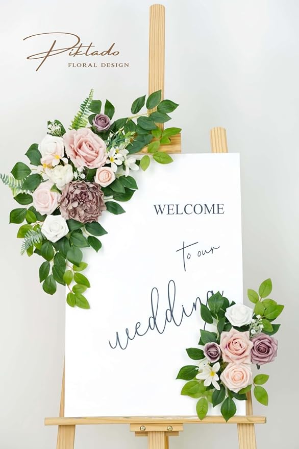 Wedding decor (pack of 2) Welcome Sign Flower Backdrop Garland For Ceremony Reception Wall Easel Home Decoration Entryway Faux Outdoor Board Head Table Decor (Dusty Rose)