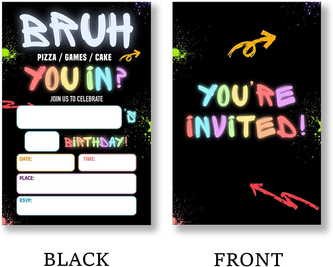 Boy Games Birthday Party Invitation Supplies with Envelopes Set of 20 Bruh Birthday Invitation Fill in Blank, Double Sided