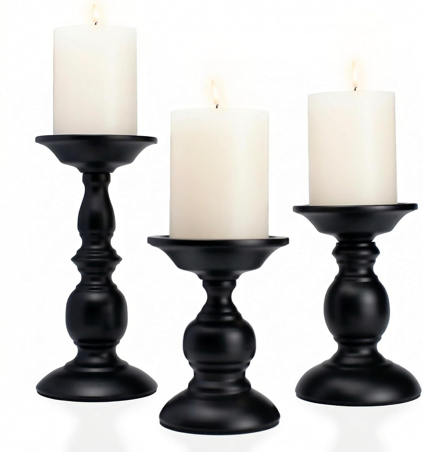 BANOMII Black Pillar Candle Holders Set of 3, Vintage Candle Holder for Table Centerpiece & Fireplace Decor, Decorative Antique Candle Stand for Dining & Living Room Decoration