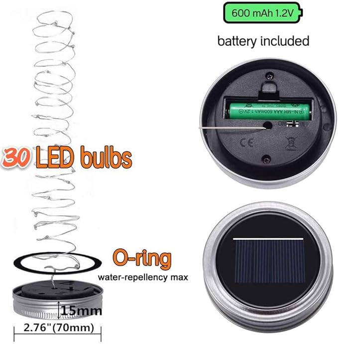 SunKite Solar Mason Jar Lights, 12 Pack 30 LED Waterproof Fairy Firefly Jar Lids String Lights with Hangers(NO Jars), Patio Yard Garden Wedding Decoration - Multicolored2
