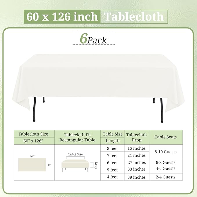 6 Pack Ivory Tablecloths for 8ft Rectangle Tables 60 x 126 Inch - Polyester Table Cover Stain and Wrinkle Resistant Washable Fabric Table Clothes for Wedding Party Banquet Reception Restaurant