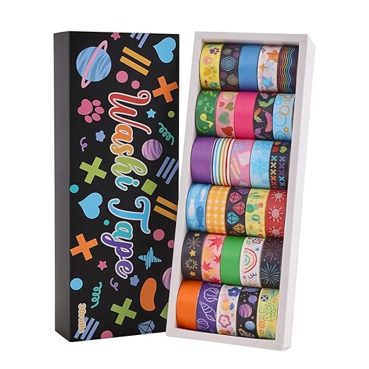 30 Rolls Colorful Theme Washi Tape Set with Different Colorful Patterns, Writable Decorative Tapes for Scrapbooking, Bible Journaling, Bullet Journaling, 0.6'' x 79'' per Roll