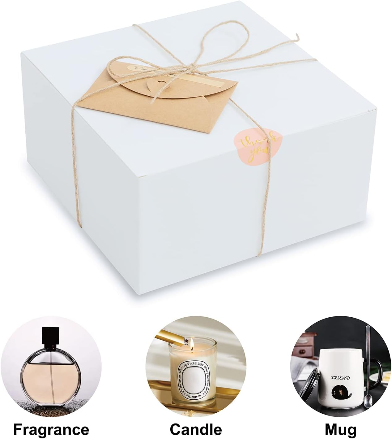 YUEFANBOX 12 Pack White Gift Boxes, 8x8x4in, with Lids, 80ft Twine, Stickers & Tape, Easy Assemble for Bridesmaid Proposal, Wedding, Party Favors