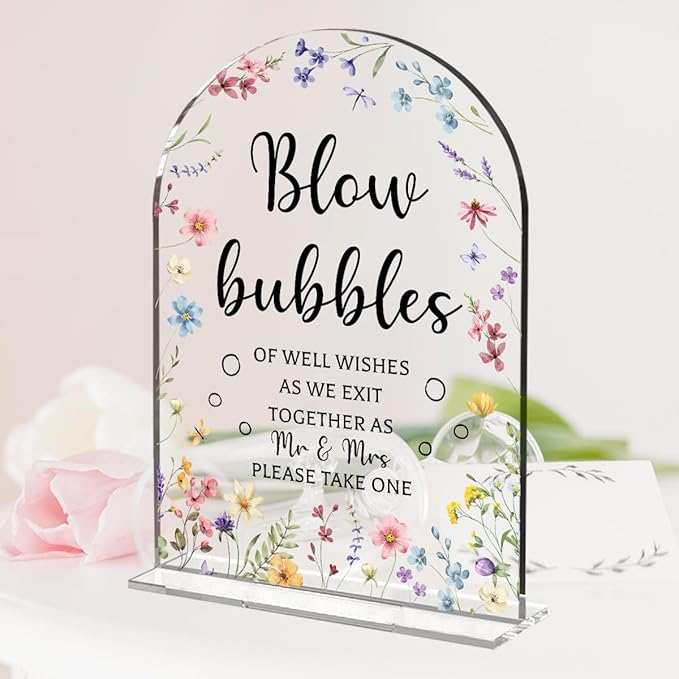 Wedding Sign Decor, Arch Acrylic 5x7 Inch, Blou Bubbles Sign Wedding Sign for Reception & Event, Bridal Shower Decorations, Wedding Table Sign Accessories for Anniversary And Party (Flower)