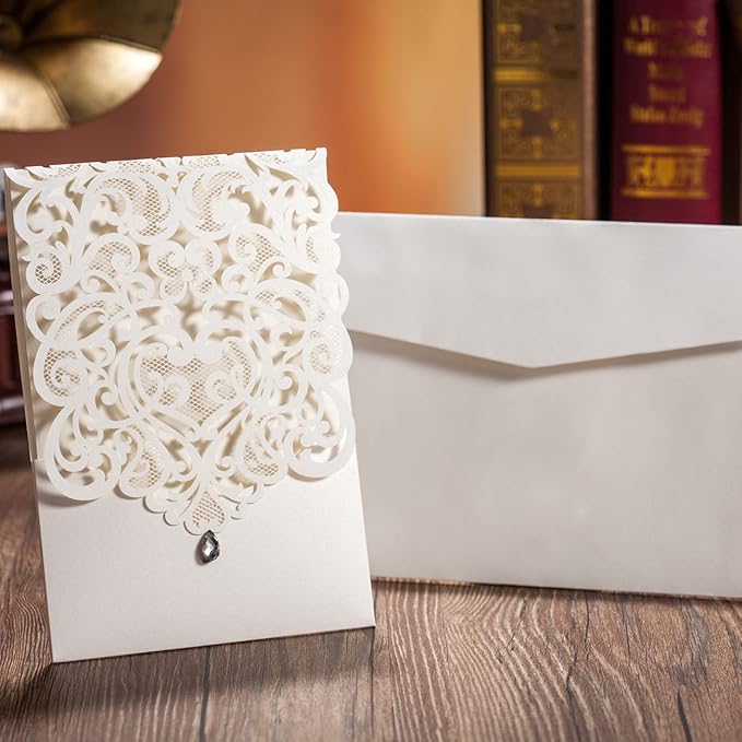 Hosmsua 50PCS Personalized Wedding Invitations Kit 5.12 x 7.3 Laser Cut Hollow Rose Rhinestone Pocket with Envelope for Wedding Quinceanera Invite (White Ivory)