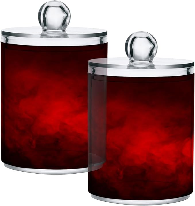 Gredecor 4 Pack Qtip Holder Clear Red Apothecary Jars with Lids Plastic Acrylic Bathroom Jars Vanity Countertop Canister Storage Organizer for Cotton Ball,Swabs,Pads,Floss