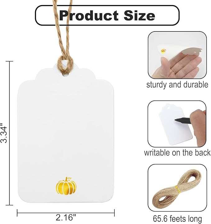 100 Pcs Blank Gift Tags with String Gold Foil Pumpkin Large White Paper Gift Tags with 65 Ft Jute Twine Cute Tags for Halloween Autumn Fall Harvest Thanksgiving Gift Wrap Tags