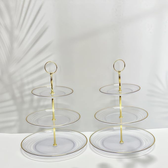 RAUVOLFIA 3 Tier Cupcake Stand, Small Tiered Serving Cake Stand, Transparent Plastic Dessert Stand, Weddings Parties Pastry Serving Tray (2 Pack, Clear Plate with Gold Rim)