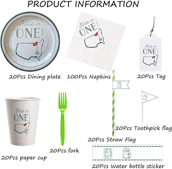 Hole in One Golf Party Decorations, 240-Piece Set with Cocktail Napkins, Plates, Cups, Bottle Labels, Toothpick Flags, Straws, Gift Tags, and Forks for Golf Birthday and 1st Hole in One Parties